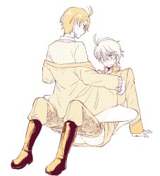 Rule 34 | 10s, 2boys, ahoge, aldnoah.zero, anal, blush, boots, bottomless, clothes pull, cowgirl position, implied sex, kaizuka inaho, male focus, male penetrated, military, military uniform, monochrome, multiple boys, off shoulder, pants, pants pull, slaine troyard, straddling, uniform, yaoi, zerotted