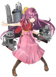 Rule 34 | 1girl, adapted turret, anchor, blush, boots, bow, commentary request, cross-laced footwear, depth charge, derivative work, full body, gradient hair, gun, hakama, hakama skirt, hip vent, holding, holding gun, holding weapon, japanese clothes, kamikaze (kancolle), kantai collection, kimono, lace-up boots, long hair, looking at viewer, machinery, mast, meiji schoolgirl uniform, multicolored hair, nyoriko, open mouth, outstretched arm, pink hair, pink hakama, purple eyes, purple hair, red kimono, ribbon, rigging, round teeth, simple background, skirt, smokestack, solo, tasuki, teeth, torpedo, torpedo launcher, torpedo tubes, turret, weapon, white background, yellow bow, yellow ribbon