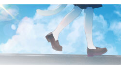 Rule 34 | 1girl, absurdres, blue sky, brown footwear, cat tail, chiyuki0321, cloud, commentary request, day, highres, lens flare, light particles, loafers, lower body, original, outdoors, shoes, signature, sky, socks, solo, tail, walking, white socks