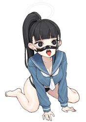 Rule 34 | 1girl, 28 (282teeth), absurdres, barefoot, black eyes, black hair, black mask, black panties, blue archive, blue sailor collar, blue serafuku, breasts, cleavage, collarbone, highres, long hair, long sleeves, mask, medium breasts, mouth mask, neckerchief, open mouth, panties, ponytail, sailor collar, school uniform, serafuku, simple background, solo, sukeban (smg) (blue archive), surgical mask, tongue, tongue out, underwear, white background, white neckerchief