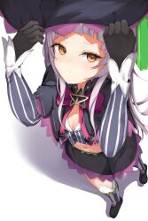 Rule 34 | 1girl, arched bangs, black capelet, black gloves, black hat, black skirt, bow, bowtie, capelet, chizuke illust, commentary request, cropped shirt, embarrassed, flat chest, foreshortening, from above, gloves, grey hair, grey shirt, grey thighhighs, hand on headwear, hat, highres, hololive, long hair, long sleeves, midriff, miniskirt, murasaki shion, murasaki shion (1st costume), navel, pink bow, pink bowtie, purple capelet, shirt, sidelocks, skirt, solo, striped clothes, striped shirt, striped thighhighs, thighhighs, vertical-striped clothes, vertical-striped shirt, vertical-striped thighhighs, virtual youtuber, witch hat, yellow eyes