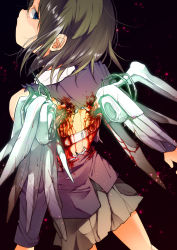 Rule 34 | 1girl, black background, blood, blue eyes, chise (saishuu heiki kanojo), commentary request, from behind, highres, long sleeves, looking back, mechanical wings, saishuu heiki kanojo, shiori (moechin), short hair, skirt, solo, torn clothes, uniform, wings