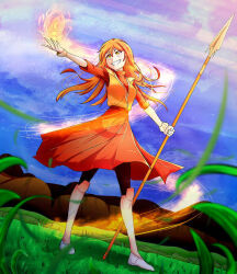 agate_lightvale casting_spell dress fire glitchtale grass orange_dress orange_eyes orange_hair polearm sky smile spear undertale weapon