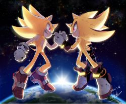 Rule 34 | 2boys, earth (planet), eye contact, floating, gareki sh, gloves, glowing, glowing eyes, grin, holding hands, looking at another, multiple boys, no humans, planet, red eyes, shadow the hedgehog, shoes, smile, sneakers, sonic (series), sonic adventure 2, sonic the hedgehog, space, sun, sunlight, super shadow, super sonic, white gloves