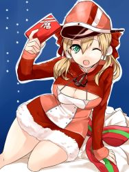 Rule 34 | 10s, 1girl, ;d, anchor, arm support, artist request, blonde hair, blush, box, breasts, christmas, cleavage, cleavage cutout, clothing cutout, fur trim, gift, gift box, green eyes, hat, highres, holding, holding gift, kantai collection, large breasts, long sleeves, looking at viewer, low twintails, no pants, one eye closed, open mouth, peaked cap, prinz eugen (kancolle), sack, smile, solo, totobuki, twintails