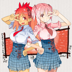 Rule 34 | 2girls, breasts, character request, fang, hand on own hip, hip focus, large breasts, locked arms, multiple girls, nakahara (takayama toshinori), necktie, one eye closed, open mouth, original, pink hair, red eyes, red hair, school uniform, skirt, smile, takayama toshinori, v, v over eye, wink