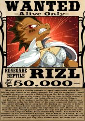 Rule 34 | 1girl, angry, dark skin, english text, highres, kobold, mhfap, monster girl, poster, punishedkom, red eyes, rizl (mhfap), wall of text, wanted