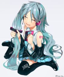 Rule 34 | 1girl, adjusting hair, bad id, bad pixiv id, bare shoulders, black footwear, blue hair, blue necktie, blue skirt, boots, closed eyes, detached sleeves, facing viewer, full body, grey shirt, hair ribbon, hatsune miku, headphones, headset, highres, holding, holding own hair, long hair, necktie, pleated skirt, ribbon, saida 3tsuya, shirt, shoulder tattoo, silver background, sitting, skirt, smile, solo, tattoo, thigh boots, thighhighs, twitter username, very long hair, vocaloid, wariza, wide sleeves