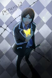 Rule 34 | 1boy, bad id, bad pixiv id, barbed wire, brown eyes, brown hair, bug, butterfly, copyright name, from above, insect, katana, male focus, necktie, persona, persona 2, persona 2 tsumi, philemon (butterfly), sakamuke, school uniform, solo, suou tatsuya, sword, weapon