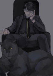 Rule 34 | 1boy, belt, black hair, black pants, black shirt, chair, clenched hand, grey background, hand on own cheek, hand on own face, highres, male focus, mtmr 0721, necktie, panther, pants, sangatsu no lion, serious, shigeta morio, shirt, short hair, simple background, sitting, solo, spread legs, watch, wristwatch, yellow eyes