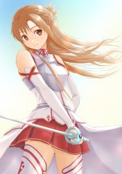 Rule 34 | 1girl, absurdres, armor, asuna (sao), blouse, braid, breastplate, brown eyes, brown hair, closed mouth, commentary request, cowboy shot, detached sleeves, french braid, grey shirt, hand on own hip, head tilt, high collar, highres, holding, holding sword, holding weapon, long hair, looking at viewer, partial commentary, pleated skirt, rapier, red skirt, rei (happily-blue-butterfly), shirt, skirt, sleeveless, smile, solo, standing, sword, sword art online, thighhighs, waist cape, weapon, white sleeves, white thighhighs, wind
