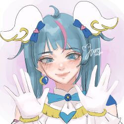 Rule 34 | 1girl, aegyo sal, ahoge, blue eyes, blue hair, blush, closed mouth, commentary, cure sky, gloves, hands up, highres, hirogaru sky! precure, looking at viewer, precure, signature, solo, twintails, upper body, white gloves, yurosuke