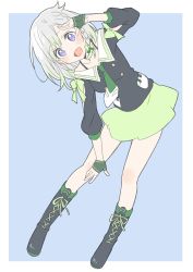 Rule 34 | 1girl, :d, absurdres, bent over, black footwear, black shirt, blue background, blush, boots, border, bow, bra strap, braid, cross-laced footwear, donguri suzume, dot nose, fingerless gloves, gloves, gradient hair, green bow, green gloves, green necktie, green skirt, grey hair, hand up, highres, long sleeves, looking at viewer, multicolored hair, necktie, open mouth, purple eyes, sailor collar, school uniform, serafuku, shirt, simple background, skirt, smile, solo, virtual youtuber, white border, white sailor collar, yuni (yuni channel), yuni channel