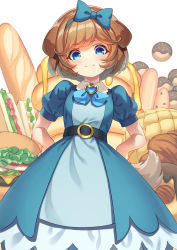 Rule 34 | 1girl, absurdres, animal ears, baguette, bakery, belt, blue dress, blue eyes, blue ribbon, bread, bread slice, brooch, burger, collared dress, cowboy shot, delicious party precure, dog ears, dog tail, dress, food, hair ribbon, heart, heart brooch, highres, jewelry, looking at viewer, pam-pam (precure) (human), pancake, precure, puffy short sleeves, puffy sleeves, ribbon, sandwich, shop, short sleeves, solo, tail, yoko-ya manjirou