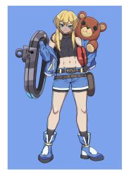 Rule 34 | 1boy, absurdres, adapted costume, bike shorts, blonde hair, blue footwear, blue shorts, boots, bridget (guilty gear), gloves, guilty gear, highres, male focus, aged up, short shorts, shorts, sidelocks, sleeveless, solo, stuffed toy, toned, trap, vulcan (ejel2000)