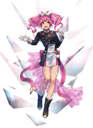 Rule 34 | 1girl, :d, back bow, bad id, bad pixiv id, black footwear, black jacket, boots, bow, floating hair, full body, fur boots, gloves, hair bow, hair ornament, hairband, highres, jacket, long hair, long sleeves, looking at viewer, macross, macross delta, makina nakajima, miniskirt, open mouth, pink bow, pink hair, red eyes, shimatani azu, skirt, smile, solo, standing, white bow, white gloves, white hairband