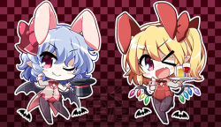 Rule 34 | &gt; o, 2girls, ;), ;d, akaneya, animal ears, bat (animal), bat wings, checkered background, chibi, fang, flandre scarlet, hat, leg lift, looking at viewer, multiple girls, one eye closed, open mouth, playboy bunny, rabbit ears, remilia scarlet, siblings, sisters, smile, touhou, tray, wings