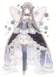 Rule 34 | 1girl, black butterfly, black collar, black dress, blue dress, blunt bangs, bow, breasts, bug, butterfly, closed mouth, collar, detached sleeves, dress, fairy, floral print, flower, frilled dress, frilled sleeves, frills, full body, grey eyes, grey hair, hisakata (hisa nn), insect, lace, lace-trimmed collar, lace-trimmed dress, lace trim, long hair, looking at viewer, multicolored clothes, multicolored dress, original, painting (medium), simple background, small breasts, solo, standing, starry sky print, traditional media, twitter username, very long hair, watercolor (medium), white background, white dress