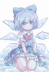Rule 34 | 1girl, :o, bloomers, blouse, blue bow, blue dress, blue eyes, blue hair, bow, cirno, collared shirt, dress, hair bow, hatut, highres, ice, ice wings, kneeling, neck ribbon, puffy short sleeves, puffy sleeves, red ribbon, ribbon, shirt, short hair, short sleeves, simple background, solo, touhou, underwear, white shirt, wings