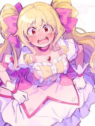 Rule 34 | 1girl, arms at sides, blonde hair, blush, bow, breasts, bubble skirt, buttons, center frills, character name, choker, clothes grab, collarbone, cosplay, curly hair, doily, dot nose, embarrassed, frilled skirt, frilled sleeves, frills, from above, frown, gloves, hair between eyes, hair ribbon, highres, holding clothes, holding skirt, kaname madoka, kaname madoka (cosplay), large breasts, long hair, looking at viewer, looking up, magia record: mahou shoujo madoka magica gaiden, mahou shoujo madoka magica, nervous, open mouth, paru rari, pink bow, pink choker, pink ribbon, puffy sleeves, red eyes, ribbon, sidelocks, simple background, skirt, skirt hold, solo, soul gem, sweatdrop, teeth, togame momoko, twintails, twitter username, upper body, upper teeth only, v-shaped eyebrows, waist bow, wavy mouth, white background, white gloves, white skirt, wide-eyed