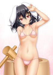 Rule 34 | 1girl, :o, animal ears, arm support, armpits, bare arms, bare shoulders, bikini, black hair, blush, breasts, bucket, collarbone, cowboy shot, eyebrows, gluteal fold, gradient background, hair between eyes, hammer, highres, inaba tewi, legs apart, looking at viewer, navel, parted lips, pink background, pink bikini, rabbit ears, red eyes, roura, short hair, simple background, small breasts, solo, standing, stomach, swimsuit, tareme, thigh gap, touhou, underboob