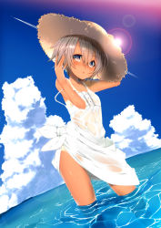 Rule 34 | 1girl, absurdres, bare arms, cloud, contrail, dancho (dancyo), day, dress, dutch angle, grey eyes, hair between eyes, hat, highres, horizon, lens flare, looking at viewer, ocean, original, outdoors, partially submerged, short hair, silver hair, skull.03, sleeveless, sleeveless dress, solo, standing, strap slip, straw hat, sundress, sweat, tan, tanline, wading, water, wet, wet clothes