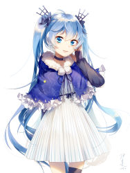 Rule 34 | 1girl, absurdres, arm up, artist name, black gloves, black thighhighs, blue eyes, blue hair, bow, capelet, choker, cowboy shot, dated, dress, earmuffs, fingerless gloves, fur trim, fuyu no yoru miku, gloves, hair bow, hair ornament, hand on own head, hatsune miku, highres, illian-san, light smile, long hair, looking at viewer, signature, simple background, single thighhigh, solo, striped clothes, striped dress, thighhighs, twintails, vertical-striped clothes, vertical-striped dress, very long hair, vocaloid, white background
