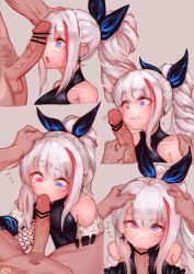 Rule 34 | 1boy, 1girl, :&gt;=, absurdres, bar censor, bare shoulders, black dress, black gloves, blue eyes, blush, breasts, censored, clenched teeth, clothed female nude male, commentary request, dress, earrings, eonsang, erection, fellatio, girls&#039; frontline, gloves, hair ribbon, hand on another&#039;s head, hetero, heterochromia, highres, huge filesize, jewelry, long hair, looking at penis, looking at viewer, male pubic hair, mdr (cocktail observer) (girls&#039; frontline), mdr (girls&#039; frontline), nude, official alternate costume, oral, penis, penis awe, penis on face, penis over one eye, ponytail, pov, pubic hair, purple eyes, ribbon, sweatdrop, tears, teeth, textless version, translation request, very long hair, white hair