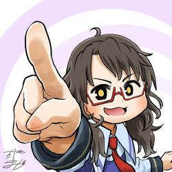 Rule 34 | 1girl, profile picture, brown hair, chamaji, commentary, glasses, looking at viewer, lowres, necktie, no headwear, open mouth, pointing, pointing at viewer, red-framed eyewear, red necktie, school uniform, semi-rimless eyewear, signature, simple background, smile, solo, touhou, under-rim eyewear, usami sumireko, vest