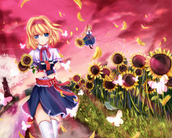 Rule 34 | 1girl, absurdres, alice margatroid, bad id, bad pixiv id, bird, blonde hair, blue eyes, book, hugging book, bug, butterfly, capelet, cherry blossoms, crossed arms, dress, dutch angle, field, flower, flower field, grass, green eyes, hairband, head tilt, highres, holding, holding book, insect, lolita hairband, long hair, long sleeves, looking at viewer, hugging object, path, petals, red sky, ribbon, road, sash, shanghai doll, short hair, short sleeves, sky, smile, solo, stream, sunflower, sunflower field, thighhighs, touhou, tree, twilight, vivian (lancerhd), wind, wrist cuffs