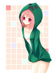 Rule 34 | 1girl, absurdres, bad id, bad pixiv id, blush, breasts, cain (inosennto007), cleavage, creeparka, creeper, highres, hood, hoodie, minecraft, naked hoodie, no bra, personification, pink hair, small breasts, solo