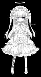 Rule 34 | 1girl, black background, blue eyes, blunt bangs, bow, colored skin, commission, cross, dress, expressionless, frilled sleeves, frills, full body, halo, highres, holding, lolita fashion, long hair, maid headdress, meyou 0319, original, solo, standing, stuffed animal, stuffed toy, white bow, white dress, white footwear, white hair, white skin, white sleeves