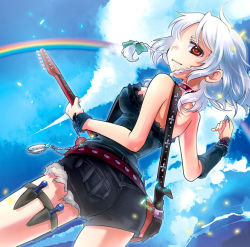 Rule 34 | 1girl, album cover, alternate costume, ass, bag, braid, choker, contemporary, cover, dutch angle, female focus, guitar, instrument, inuinui, izayoi sakuya, knife, looking back, plectrum, pocket watch, rainbow, red eyes, short hair, silver hair, solo, thigh strap, touhou, twin braids, watch