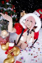 Rule 34 | 1girl, asian, box, breasts, cage, candy, chouzuki maryou, christmas, christmas tree, cosplay, food, gift, gift box, headphones, large breasts, nitroplus, photo (medium), pink hair, plump, solo, super sonico, super sonico (cosplay), thighhighs