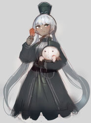 Rule 34 | 1girl, bongy (project moon), charon (project moon), chicken leg, chuhaibane, dress, gloves, grey dress, grey gloves, grey hair, grey hat, hand up, hat, highres, limbus company, long hair, long sleeves, looking at viewer, low twintails, project moon, shako cap, simple background, solo, stuffed toy, twintails, very long hair, white background