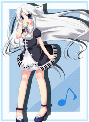 Rule 34 | arin, blue eyes, dress, highres, instrument, long hair, music, open mouth, pangya, piano print, solo, white hair
