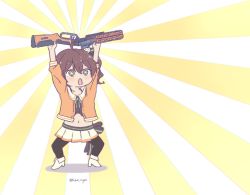 Rule 34 | + +, :o, apex legends, arms up, black pantyhose, blue eyes, boots, brown hair, fold-over boots, green ribbon, gun, high heel boots, high heels, holding, holding gun, holding weapon, hololive, jacket, kukie-nyan, long sleeves, looking at viewer, midriff, natsuiro matsuri, natsuiro matsuri (1st costume), navel, neck ribbon, open mouth, orange jacket, pantyhose, ribbon, side ponytail, solo, standing, twitter username, virtual youtuber, weapon, weapon request, white footwear