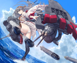 Rule 34 | 1girl, ass, bare shoulders, boots, breasts, brown eyes, camouflage, day, dazzle paint, detached sleeves, floating hair, grey hair, hair ornament, hairband, hairclip, haruna (kancolle), headgear, highres, japanese clothes, kantai collection, kicking, large breasts, long hair, looking at viewer, nontraditional miko, outdoors, panties, rigging, rudder footwear, skirt, solo, thighhighs, thighs, torpedo, torpedo launcher, underwear, white panties, wind, zombie mogura