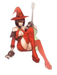 Rule 34 | 1girl, arc system works, bare shoulders, black hair, boots, breasts, darkeagle an, fingerless gloves, full body, gloves, green eyes, guilty gear, guitar, hat, high heels, i-no, instrument, large breasts, miniskirt, mole, red hat, short hair, skirt, solo, thigh boots, thighhighs, underboob, usagi haku, white background, witch hat