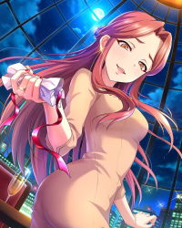 Rule 34 | 1girl, alcohol, bracelet, brown eyes, brown hair, building, champagne, earrings, hair ornament, idolmaster, idolmaster cinderella girls, jewelry, long hair, nail polish, necklace, official art, red nails, ring, zaizen tokiko