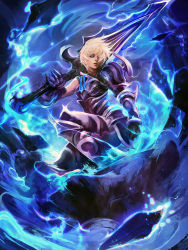 Rule 34 | 1girl, alternate costume, armor, black gloves, blonde hair, blue eyes, blue fire, championship riven, clenched hand, commentary, fire, full armor, gauntlets, gloves, hair over one eye, highres, league of legends, lips, muju, nose, over shoulder, riven (league of legends), short hair, solo, sword, sword over shoulder, weapon, weapon over shoulder