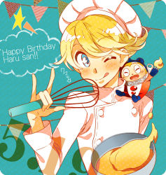Rule 34 | 1boy, :q, atlus, bad id, bad pixiv id, blonde hair, blue eyes, bowl, chef, chef hat, cooking, cream, dual persona, food, hat, kuma (persona 4), male focus, one eye closed, persona, persona 4, solo, tongue, tongue out, upper body, whisk, wink, xacco