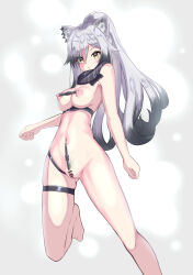 Rule 34 | 1girl, arknights, bar censor, black scarf, breasts, censored, clitoris, clitoris piercing, dog girl, feet out of frame, gluteal fold, grey hair, highres, long hair, medium breasts, menmon, navel, navel piercing, nipple piercing, nude, piercing, ponytail, pubic hair, pussy, pussy piercing, scarf, schwarz (arknights), solo, standing, thigh strap, very long hair, white hair, yellow eyes
