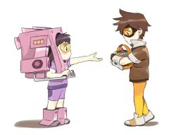 Rule 34 | 2girls, aged down, animal print, basket, blush, blush stickers, box, brown eyes, brown gloves, brown hair, brown jacket, candy, candy cane, cardboard box, cardboard box gundam, child, closed mouth, d.va (overwatch), fingerless gloves, food, full body, gloves, goggles, guo (cat78952), halloween, hand up, holding, jacket, long hair, looking at another, meka (overwatch), multiple girls, outstretched arm, overwatch, overwatch 1, pants, purple shirt, purple shorts, rabbit print, shirt, shoes, short hair, short sleeves, shorts, simple background, spiked hair, tracer (overwatch), vambraces, white background, white footwear