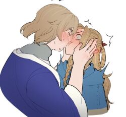 Rule 34 | 2girls, artist name, blonde hair, blue capelet, blue robe, blush, braid, capelet, choker, commentary, dungeon meshi, ear blush, english commentary, falin touden, falin touden (tallman), half updo, hands on another&#039;s face, kiss, koifee, light brown hair, long hair, marcille donato, multiple girls, open mouth, red choker, robe, short hair, simple background, sweat, twin braids, upper body, white background, yuri