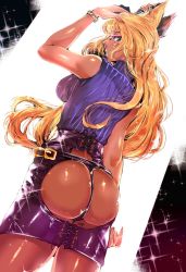 Rule 34 | 1girl, animal ears, ass, ass cutout, belt, blonde hair, blue eyes, blush, bracelet, breasts, buckle, clothing cutout, dark-skinned female, dark skin, derivative work, glasses, gold trim, hand on own head, highres, jewelry, laces, large breasts, long hair, looking at viewer, looking back, red-framed eyewear, ribbed sweater, skirt, sleeveless, solo, spanking skirt, sweater, thong, turtleneck, turtleneck sweater, very long hair, wakura (gcdan)
