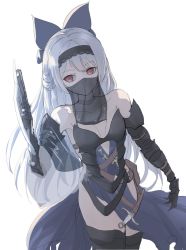 Rule 34 | 1girl, alternate costume, bad id, bad twitter id, bare shoulders, black choker, bow, breasts, choker, cleavage, commentary request, elbow gloves, gauntlets, girls&#039; frontline, gloves, gun, hair bow, hairband, handgun, highres, holding, holding gun, holding weapon, knife, long hair, mouth veil, pistol, red eyes, sidelocks, silver hair, simple background, small breasts, solo, take (trude1945oneetyan), tokarev (girls&#039; frontline), tokarev (griffin&#039;s dancer) (girls&#039; frontline), veil, very long hair, weapon, white background
