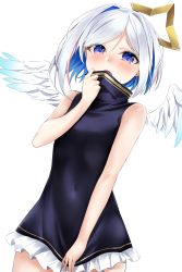 Rule 34 | 1girl, absurdres, amane kanata, angel wings, bare arms, bare shoulders, black dress, blue eyes, blue hair, blush, bob cut, colored inner hair, commentary request, covered navel, covering own mouth, cowboy shot, dress, dress tug, feathered wings, frilled dress, frills, halo, highres, hololive, looking at viewer, multicolored hair, open mouth, purple eyes, short hair, silver hair, simple background, single hair intake, sleeveless, solo, star halo, two-tone hair, virtual youtuber, white background, white wings, wings, yumemo