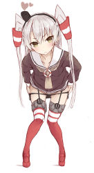 Rule 34 | 10s, 1girl, :c, amatsukaze (kancolle), black panties, blush, collarbone, dress, frown, garter straps, goekawa, grey neckerchief, hair between eyes, hair tubes, hat, heart, kantai collection, leaning forward, looking at viewer, mini hat, neckerchief, panties, panty pull, red thighhighs, sailor dress, side-tie panties, silver hair, simple background, solo, thighhighs, twintails, two side up, underwear, undressing, v-shaped eyebrows, white background