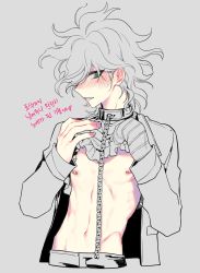 Rule 34 | 1boy, blush, chain, clothes lift, collar, commentary request, cropped torso, danganronpa (series), danganronpa another episode: ultra despair girls, gloves, grey background, grey eyes, grey hair, grey jacket, hair over one eye, highres, jacket, komaeda nagito, lifted by self, looking at viewer, male focus, messy hair, metal collar, navel, nipple piercing, nipples, official alternate costume, open clothes, open jacket, open mouth, pale skin, pants, piercing, servant (danganronpa), shirt lift, simple background, sin11111, single glove, smile, solo, translation request